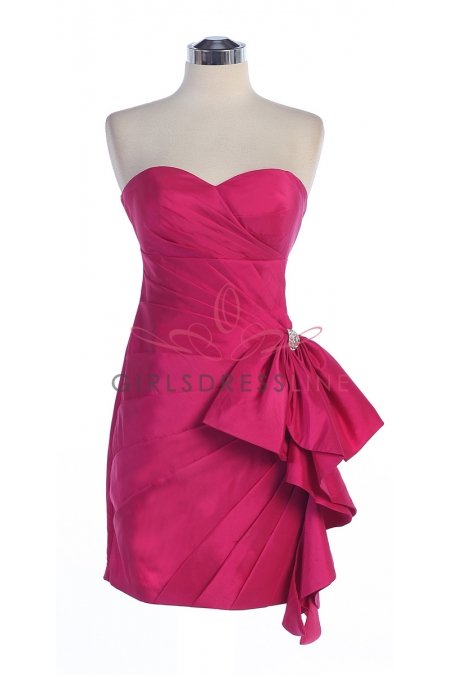 Fuchsia Taffeta Strapless Sweetheart Gathered Empire Waistline Ruffled Short Bridesmaid Dress