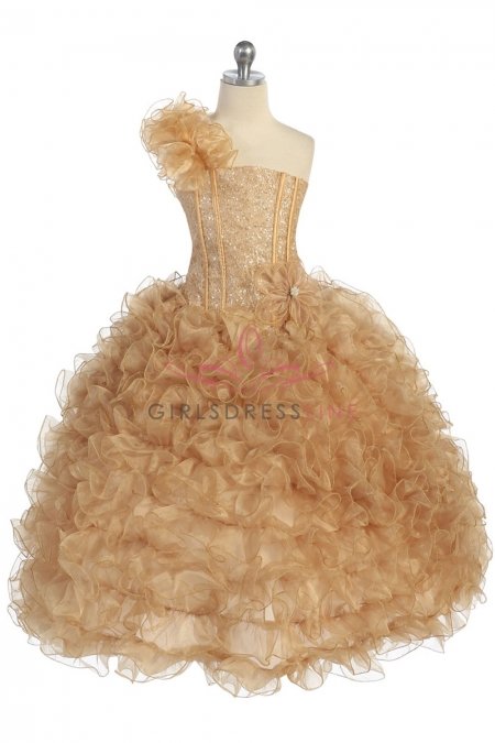 Gold Single Shoulder Princess Pageant Girl Ball Gown
