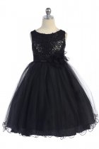 Gorgeous Black Sequined Round Neck Tulle Overlaid Girl Dress