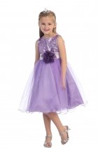 Gorgeous Lavender Sequined Round Neck Tulle Overlaid Girl Dress