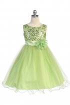 Gorgeous Lime Sequined Round Neck Tulle Overlaid Girl Dress
