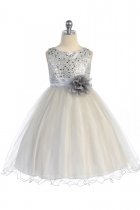 Gorgeous Silver Sequined Round Neck Tulle Overlaid Girl Dress