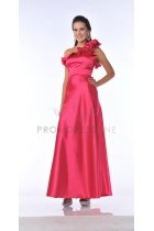 Hot Pink Satin Rosette Detail on One Shoulder Frilled Neckline Long Bridesmaid Dress