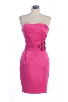 Hot Pink Satin Strapless Pleated Roses Detail Short Bridesmaid & Prom Dress