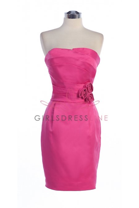 Hot Pink Satin Strapless Pleated Roses Detail Short Bridesmaid & Prom Dress Hot Pink Satin Strapless Pleated Roses Detail Short Bridesmaid & Prom Dress