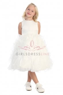 Ivory Bridal Satin Bodice with Ruffled Organza Overlaid Flower Girl Dress