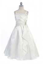 Ivory Brilliant Satin Ruffle Detail A-line Flower Girl Dress with Sparkles