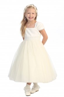 Ivory Dainty Short Sleeve Tulle Bottom Flower Girl Dress