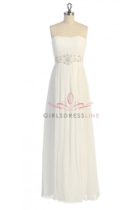 Ivory Gorgeous Chiffon Strapless Beaded Waistband Pleated Bridesmaid & Prom Dress