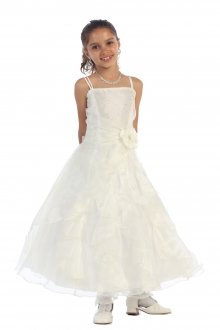 Ivory Jeweled Bodice Ruffle Layered Organza Flower Girl Dress