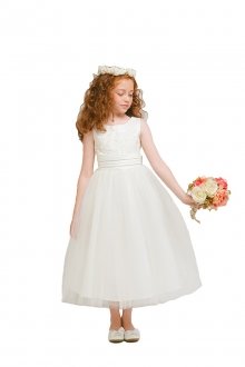 Ivory Lace Accented Satin Top and Tulle Overlaid Flower Girl Dress