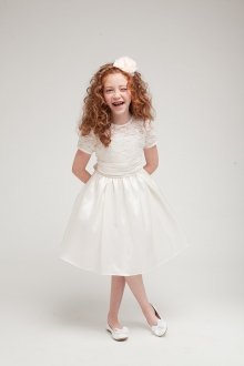 Ivory Poly Lace Top with Taffeta Flower Girl Dress with Sleeves Ivory Poly Lace Top with Taffeta Flower Girl Dress with Sleeves