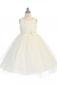 Ivory Ribbon Trimmed Texture Style with Overlayed Tulle Flower Girl Dress