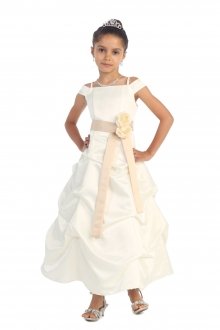 Ivory Satin A-line Pick-up Style Flower Girl Dress with Sleeves