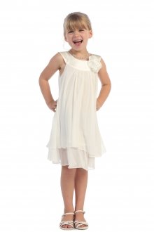 Ivory Satin bib necklin & chiffon A-line flower girl dress