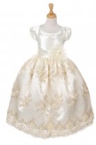 Ivory Shiny Satin Embroiedered Lace Dress with Corsage