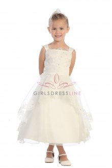 Ivory Sleeveless Organza Satin Embroidered Dress