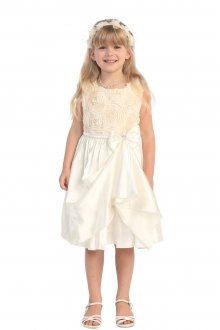 Ivory Sleeveless Rosetti Texture Bodice with Ruffle layered Satin Girl Dress