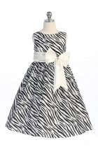 Ivory Zebra Pattern Velvet Flocking Taffeta Girl Dress