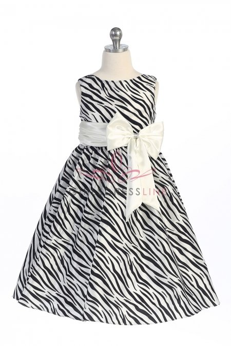 Ivory Zebra Pattern Velvet Flocking Taffeta Girl Dress