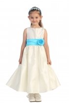 Ivory/Aqua Flowers and Sash Flower Girl Dress