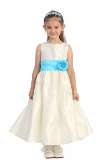Ivory/Aqua Flowers and Sash Flower Girl Dress