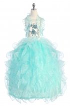 Ivory/Aqua Taffeta and Organza Ruffle Pageant Dress