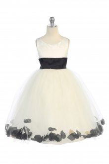 Ivory/Black Satin & Tulle Flower Girl Dress with Petals & Sash
