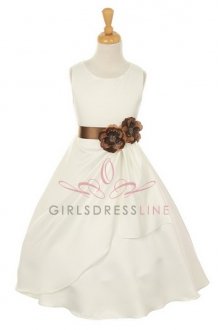 Ivory/Brown Bridal Dull Satin Flower Girl Dress