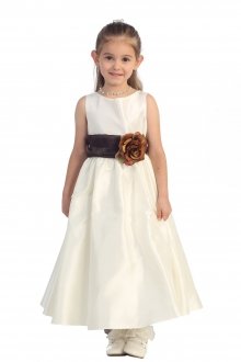Ivory/Brown Flowers and Sash Flower Girl Dress