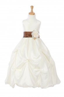 Ivory/Brown Taffeta Pick Up Flower Girl Dress with Sash