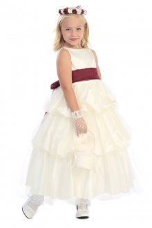 Ivory/Burgundty Satin And Tulle Layered Dress with Detachable Sash