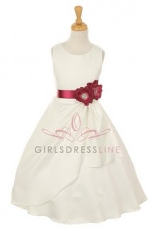 Ivory/Burgundy Bridal Dull Satin Flower Girl Dress B1165-IBU
