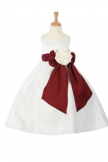 Ivory/Burgundy Bridal Satin A-line Spaghetti Dress