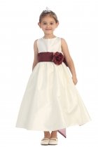 Ivory/Burgundy Flowers and Sash Flower Girl Dress