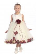 Ivory/Burgundy Sleeveless Satin Flower Petal Flower Girl Dress