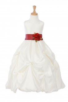 Ivory/Burgundy Taffeta Pick Up Flower Girl Dress with Sash
