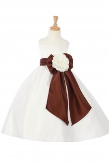 Ivory/Choco Bridal Satin A-line Spaghetti Dress with Sash