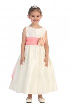 Ivory/Coral Flowers and Sash Flower Girl Dress