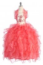 Ivory/Coral Taffeta and Organza Ruffle Pageant Dress