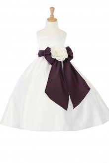Ivory/Eggplant Bridal Satin A-line Spaghetti Dress with Sash