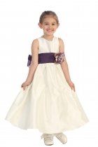 Ivory/Eggplant Flowers and Sash Flower Girl Dress