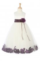 Ivory/Eggplant Sleeveless Satin Flower Petal Flower Girl Dress with Sash