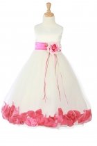 Ivory/Fuchsia Sleeveless Satin Flower Petal Flower Girl Dress with Sash
