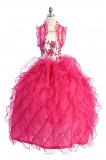Ivory/Fuchsia Taffeta and Organza Ruffle Pageant Dress