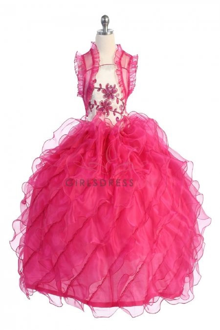Ivory/Fuchsia Taffeta and Organza Ruffle Pageant Dress