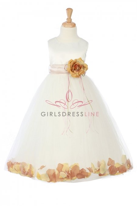 Ivory/Gold Sleeveless Satin Flower Petal Flower Girl Dress with Sash Ivory/Gold Sleeveless Satin Flower Petal Flower Girl Dress with Sash