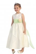 Ivory/Lime Flowers and Sash Flower Girl Dress