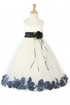 Ivory/Navy Blue Sleeveless Satin Flower Petal Flower Girl Dress with Sash