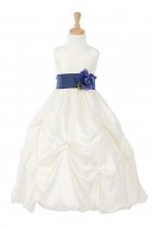 Ivory/Navy Taffeta Pick Up Flower Girl Dress with Sash